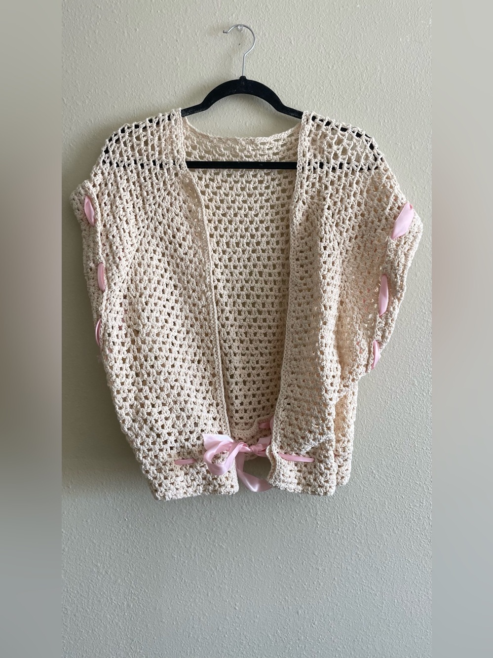 Vintage Handmade Cream Crochet Open-Front Sweater with Pink Ribbon Detail